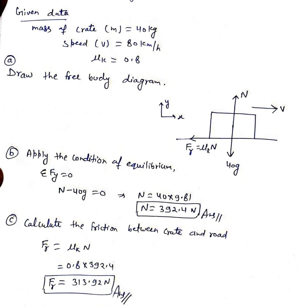 Given data
Holg
speed (u) = 80km/h
lie = or8
mags f Crate (m) =401g
Draw the free budy diagram.
Abbly the Condition af equilibriun,
hog
EFyso
N-yog =0
N= 40xg.B)
N= 392,4 N
© Calculute the friction between Crate and road
= 016 x 39214
E= 313.92 N
