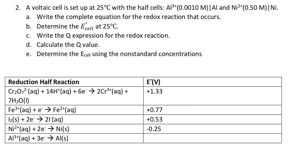 2. A voltaic cell is set up at 25°C with the half cells: Al3*(0.0010 M)|Al and Ni²*(0.50 M)|Ni.
a. Write the complete equation for the redox reaction that occurs.
b. Determine the Ecell at 25°C.
c. Write the Q expression for the redox reaction.
d. Calculate the Q value.
e. Determine the Ecell using the nonstandard concentrations
Reduction Half Reaction
E'(V)
Cr20,2 (aq) + 14H*(aq) + 6e¯ → 2Cr³*(aq) +
7H20(1)
+1.33
Fe3*(aq) + e → Fe2*(aq)
12(s) + 2e → 21(aq)
Ni²*(aq) + 2e > Ni(s)
Al3*(aq) + 3e → Al(s)
+0.77
+0.53
-0.25
