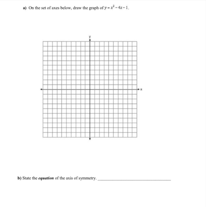 a) On the set of axes below, draw the graph of y = x - 4x-1.
b) State the equation of the axis of symmetry.
