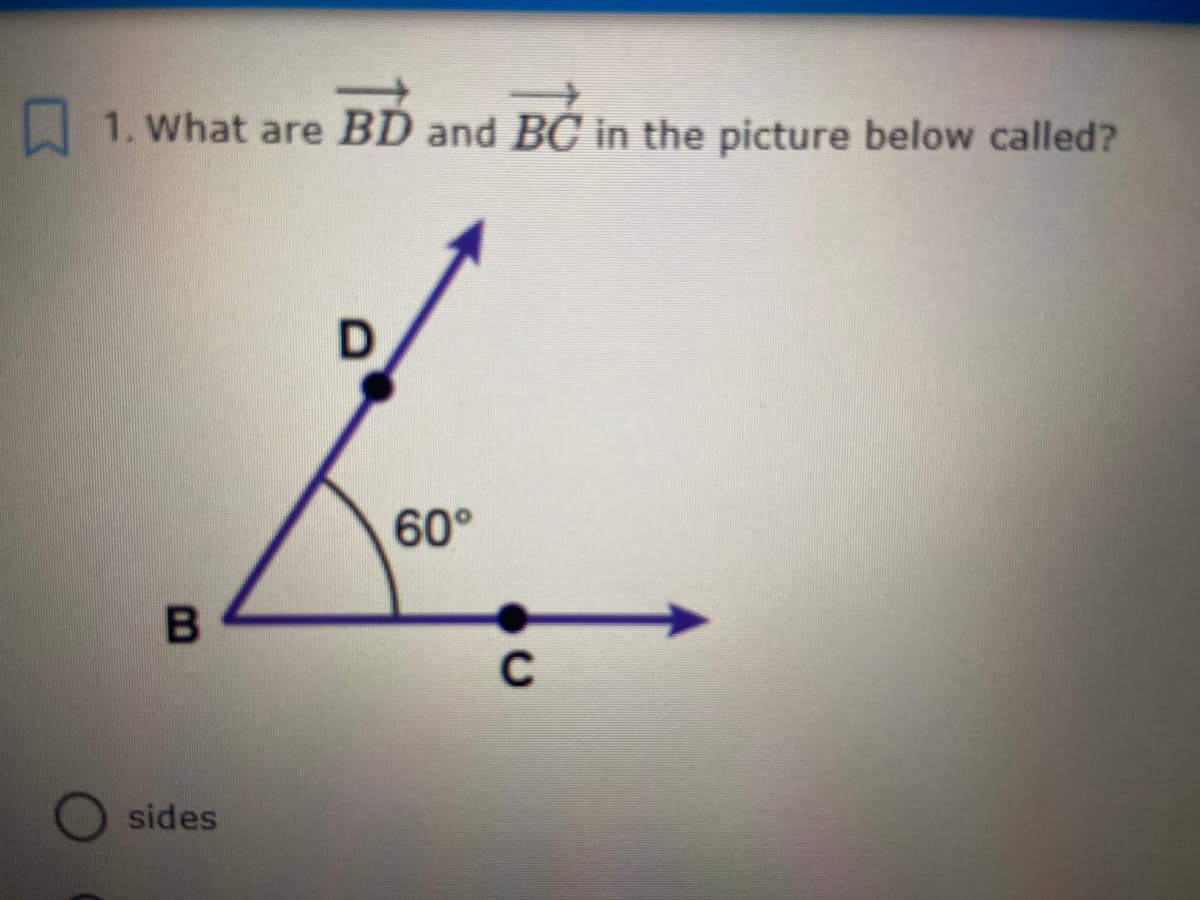 1. What are BD and BC in the picture below called?
60°
C
sides
