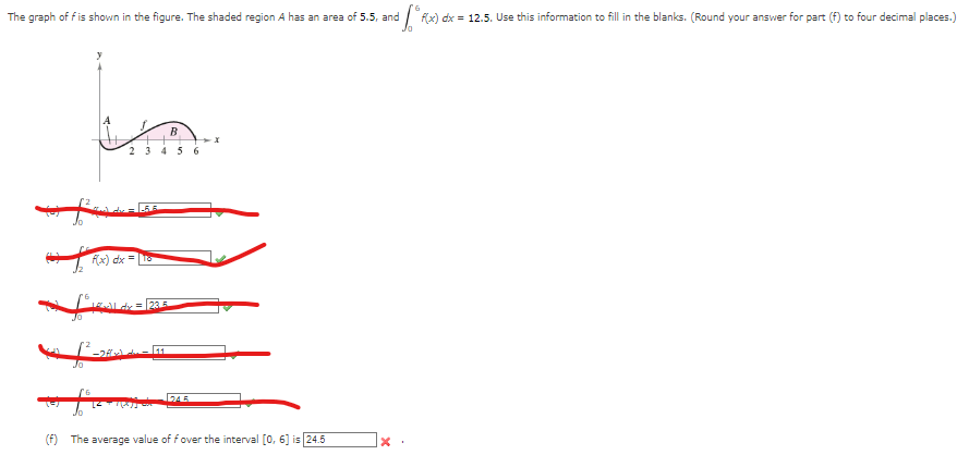 $fº
f(x) dx = 12.5. Use this information to fill in the blanks. (Round your answer for part (f) to four decimal places.)
The graph of f is shown in the figure. The shaded region A has an area of 5.5, and
fans du = 1.55
B
2 3 4 5 6
f(x) dx =
[²+2+al dy = 28.5
[6
-2fd-41
[²
245
(f) The average value of f over the interval [0, 6] is 24.5