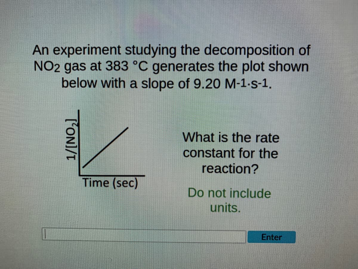 An experiment studying the decomposition of
NO2 gas at 383 °C generates the plot shown
below with a slope of 9.20 M-1-s-1.
What is the rate
constant for the
reaction?
Time (sec)
Do not include
units.
1/[NO₂]
Enter