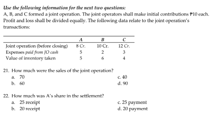 Use the following information for the next two questions:
A, B, and C formed a joint operation. The joint operators shall make initial contributions P10 each.
Profit and loss shall be divided equally. The following data relate to the joint operation's
transactions:
A
B
8 Cr.
Joint operation (before closing)
Expenses paid from JO cash
Value of inventory taken
10 Cr.
12 Cr.
2
3
6
4
21. How much were the sales of the joint operation?
c. 40
a. 70
b. 60
d. 90
22. How much was A's share in the settlement?
a. 25 receipt
b. 20 тесeipt
с. 25 раyment
d. 20 payment
