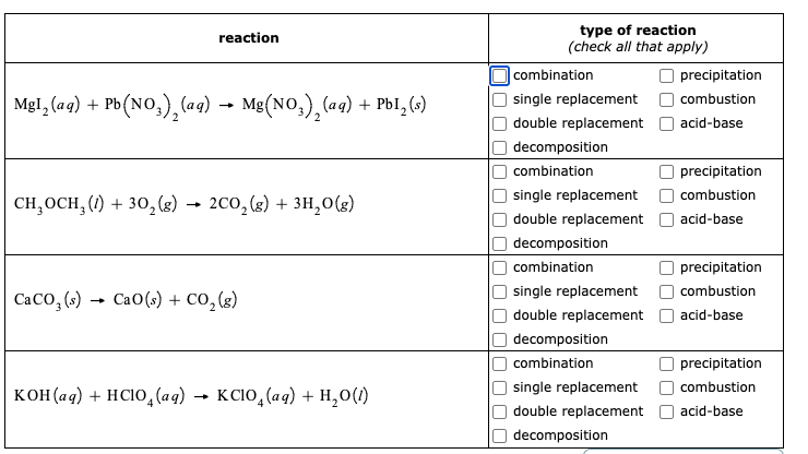 type of reaction
(check all that apply)
reaction
| combination
precipitation
Mgl, (aq) + Pb(NO,), (aq) →
Mg(NO,), (aq) + Pbl,(»)
single replacement
combustion
double replacement
acid-base
decomposition
combination
precipitation
single replacement
combustion
сH, ОCH, () + 30, () — 2с0, () + зн,о()
double replacement
acid-base
decomposition
combination
precipitation
single replacement
combustion
CaCo, (6) → CaO(s) + co,(s)
double replacement
acid-base
decomposition
combination
precipitation
single replacement
combustion
KOH(aq) + HCIO,(aq)
KC10, (ag) + H,0(1)
double replacement
acid-base
decomposition
