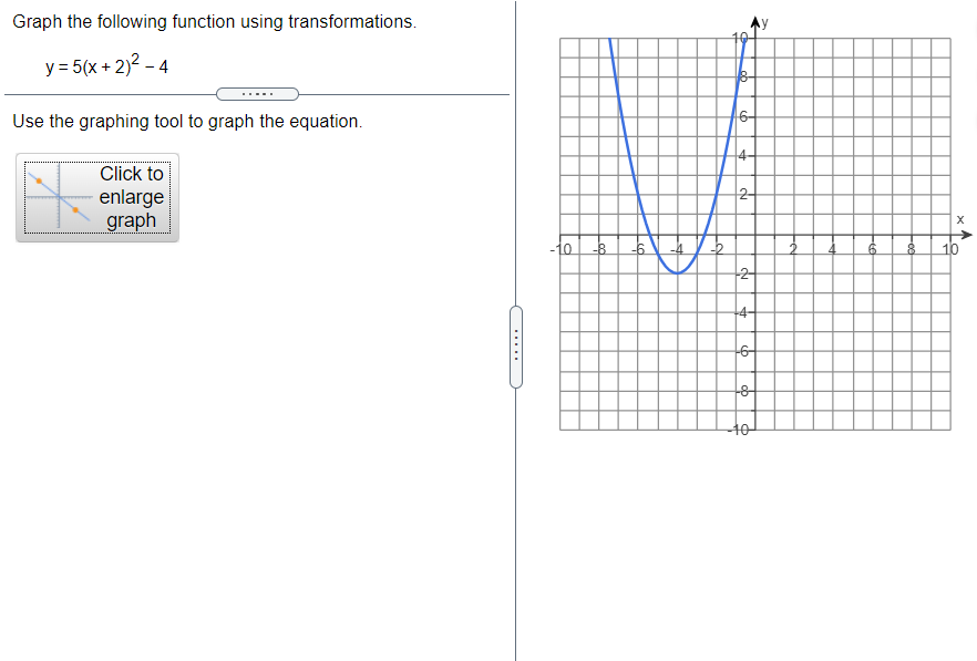 Graph the following function using transformations.
y = 5(x + 2)2 - 4
Use the graphing tool to graph the equation.
Click to
2-
enlarge
graph
-8
-6
10
-2-
+4-
A.
.....
