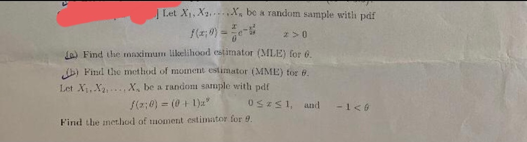 | Let X1, X2 X, be a random sample with pdf
f(x; 0)
=
