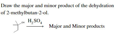 Draw the major and minor product of the dehydration
of 2-methylbutan-2-ol.
H, SO,
Major and Minor products
