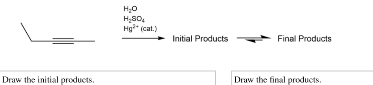 H20
H2SO4
Hg2* (cat.)
Initial Products
Final Products
Draw the initial products.
Draw the final products.
