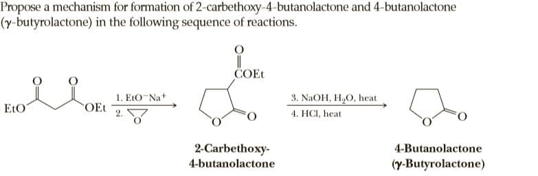 Propose a mechanism for formation of 2-carbethoxy-4-butanolactone and 4-butanolactone
(y-butyrolactone) in the following sequence of reactions.
COET
1. EtO-Na+
OEt
3. NaOH, H,O, heat
EtO
4. HCI, heat
2-Carbethoxy-
4-Butanolactone
4-butanolactone
(y-Butyrolactone)
