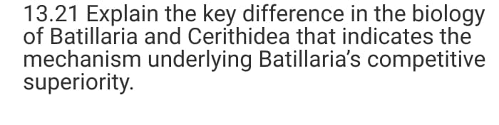 13.21 Explain the key difference in the biology
of Batillaria and Cerithidea that indicates the
mechanism underlying Batillaria's competitive
superiority.
