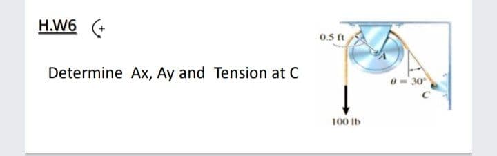 H.W6
0.5 ft
Determine Ax, Ay and Tension at C
0-30
100 Ib

