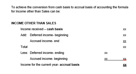 To achieve the conversion from cash basis to accrual basis of accounting the formula
for Income other than Sales can be:
INCOME OTHER THAN SALES
Income received – cash basis
XX
Add: Deferred income- beginning
XX
Accrued income- end
XX
Total
XX
Less: Deferred income- ending
Accrued income- beginning
XX
XX
Income for the current year- accrual basis
XX
