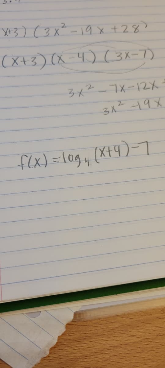 Xt3) (3x - 19 x +28?
(X+3) (X -4) (3X-7)
3メ2-1×ー2X
3x-19X
f(x) =log,(X+4)-7
