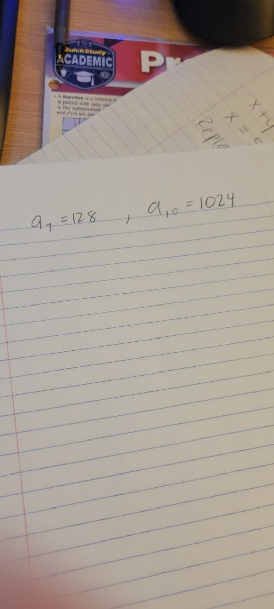 uickStudy
ACADEMIC
A fenetion is a reltion i
is paired with only o
is the independent
and fx) re int
a,0=1024
9,=128
Reple
