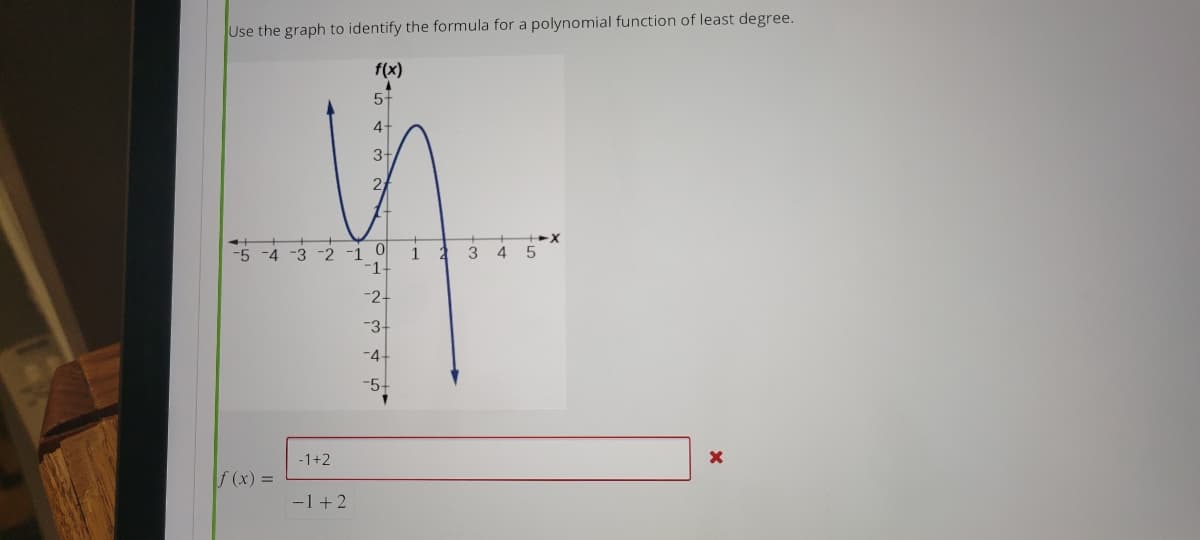 Use the graph to identify the formula for a polynomial function of least degree.
f(x)
5-
4
3-
-5 -4 -3 -2 -1 0
-1-
3 4 5
-2-
-3-
-4-
-5+
-1+2
f (x) =
-1+2
