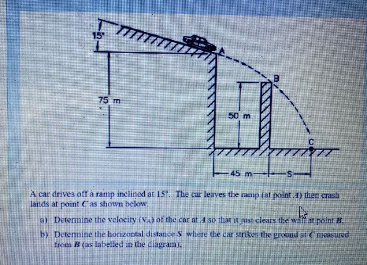 15"
75 m
50m
7777777
45 m---
5.
A car drives off a ramp inclined at 15. The car leaves the ramp (at point 4) then crash
lands at point Cas shown below.
a) Determine the velocity (VA) of the car at A so that it just clears the waff at
point B,
b) Determine the horizontal distance S where the car strikes the ground at Cmeasured
from B (as labelled in the diagram),
