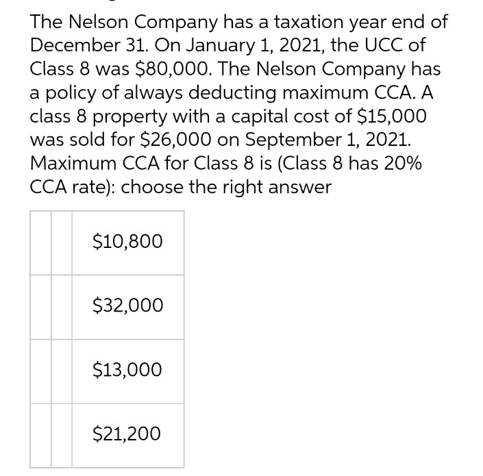 The Nelson Company has a taxation year end of
December 31. On January 1, 2021, the UCC of
Class 8 was $80,000. The Nelson Company has
a policy of always deducting maximum CCA. A
class 8 property with a capital cost of $15,000
was sold for $26,000 on September 1, 2021.
Maximum CCA for Class 8 is (Class 8 has 20%
CCA rate): choose the right answer
$10,800
$32,000
$13,000
$21,200