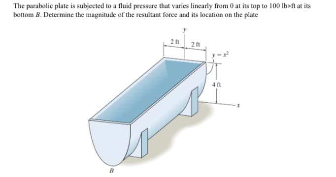 The parabolic plate is subjected to a fluid pressure that varies linearly from 0 at its top to 100 lb>ft at its
bottom B. Determine the magnitude of the resultant force and its location on the plate
2 ft
2 ft
y =x
4 ft
B
