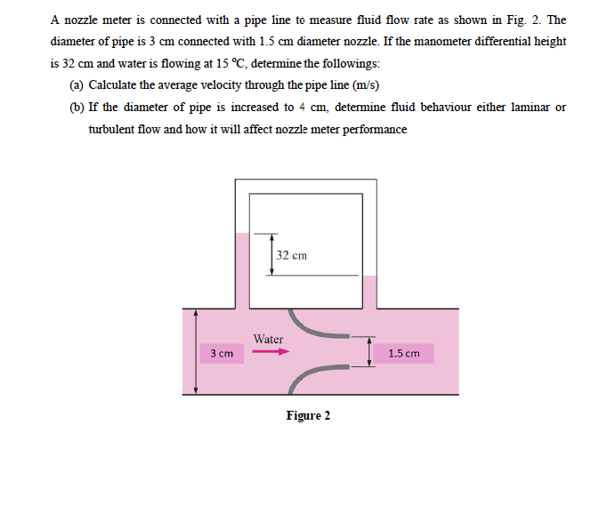 A nozzle meter is connected with a pipe line to measure fluid flow rate as shown in Fig. 2. The
diameter of pipe is 3 cm connected with 1.5 cm điameter nozzle. If the manometer differential height
is 32 cm and water is flowing at 15 °C, determine the followings:
(a) Calculate the average velocity through the pipe line (m/s)
(b) If the diameter of pipe is increased to 4 cm, determine fluid behaviour either laminar or
turbulent flow and how it will affect nozzle meter performance
32 cm
Water
3 cm
1.5 cm
Figure 2
