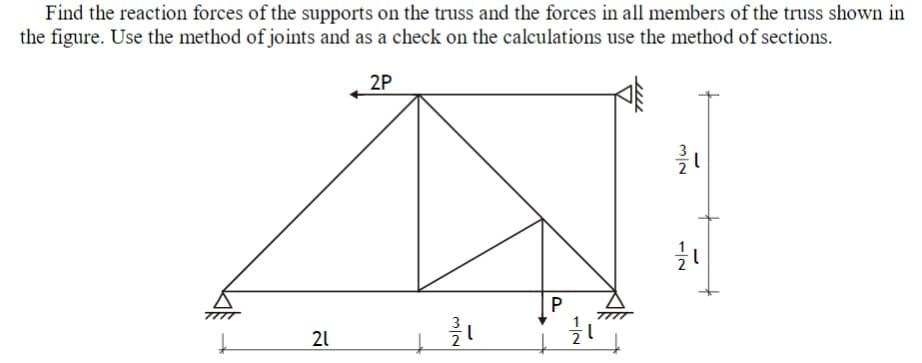 Find the reaction forces of the supports on the truss and the forces in all members of the truss shown in
the figure. Use the method of joints and as a check on the calculations use the method of sections.
2P
21
1.
m/2
1/2
