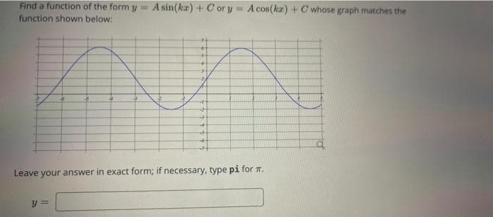 Find a function of the formy =
function shown below:
A sin(ka) + C or y = A cos(kz) + C whose graph matches the
Leave your answer in exact form; if necessary, type pi for 7.
y =
