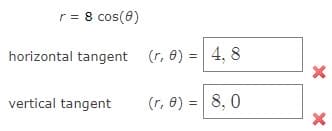 r = 8 cos(8)
horizontal tangent
vertical tangent
(r, 0)
(r, 8) = 4,8
(r, 0) = 8,0
X
X