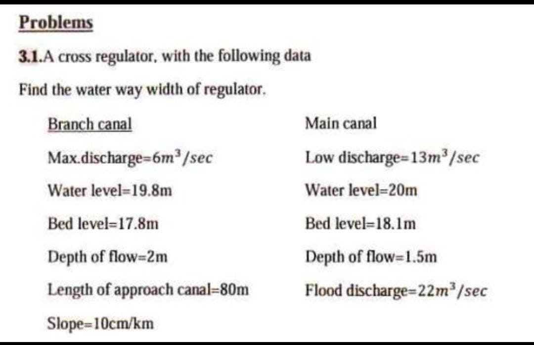 Problems
3.1.A cross regulator, with the following data
Find the water way width of regulator.
Branch canal
Main canal
Max.discharge-6m³ /sec
Low discharge-13m2/sec
Water level=19.8m
Water level-20m
Bed level=17.8m
Bed level=18.1m
Depth of flow=2m
Depth of flow=1.5m
Length of approach canal=80m
Flood discharge-22m2/sec
Slope=10cm/km
