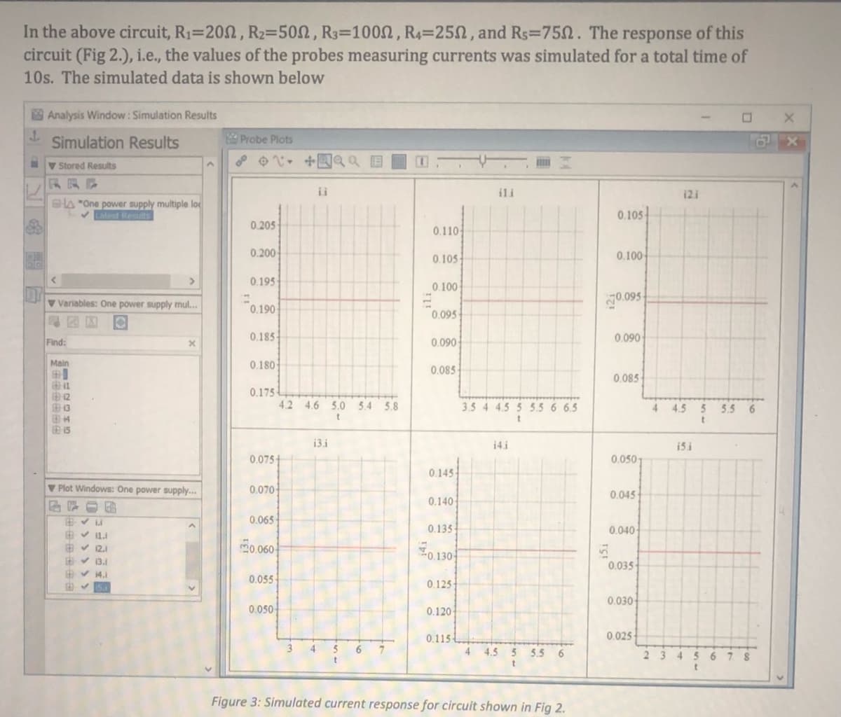 In the above circuit, R1=202, R2=50n, R3=1002, R4=252, and Rs=75n. The response of this
circuit (Fig 2.), i.e., the values of the probes measuring currents was simulated for a total time of
10s. The simulated data is shown below
Analysis Window: Simulation Results
Simulation Results
Probe Plots
V Stored Results
+Q Q E
[1
RRE
ii
ili
121
"One power supply multiple lo
vtest Reats
0.105
0.205
0.110
0.200
0.105
0.100
0.195
0.100
095
V Variables: One power supply mul...
0.190
0.095
Find:
0.185
0.090
0.090
Main
0.180
中
0.085
0.085
0.175
12
13
4.2 4.6 5.0 5.4 5.8
3.5 4 4.5 5 5.5 6 6.5
4 4.5
555
6
13.i
14i
151
0.075
0.0501
0.145
V Plot Windows: One power supply...
0.070
0.045
0.140
0.065
0.135
0.040
E v 11.1
E v 12.1
Ev 13.1
0.060
0.130
0.035
0.055
0.125-
0.030
0.050
0.120-
0.115
0.025
4
6.
4 4.5 5
5.5
6.
2 3
6 7 8
Figure 3: Simulated current response for circuit shown in Fig 2.
