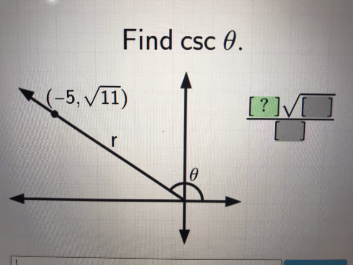 Find csc 0.
(-5, v11)
[?]V[
r
