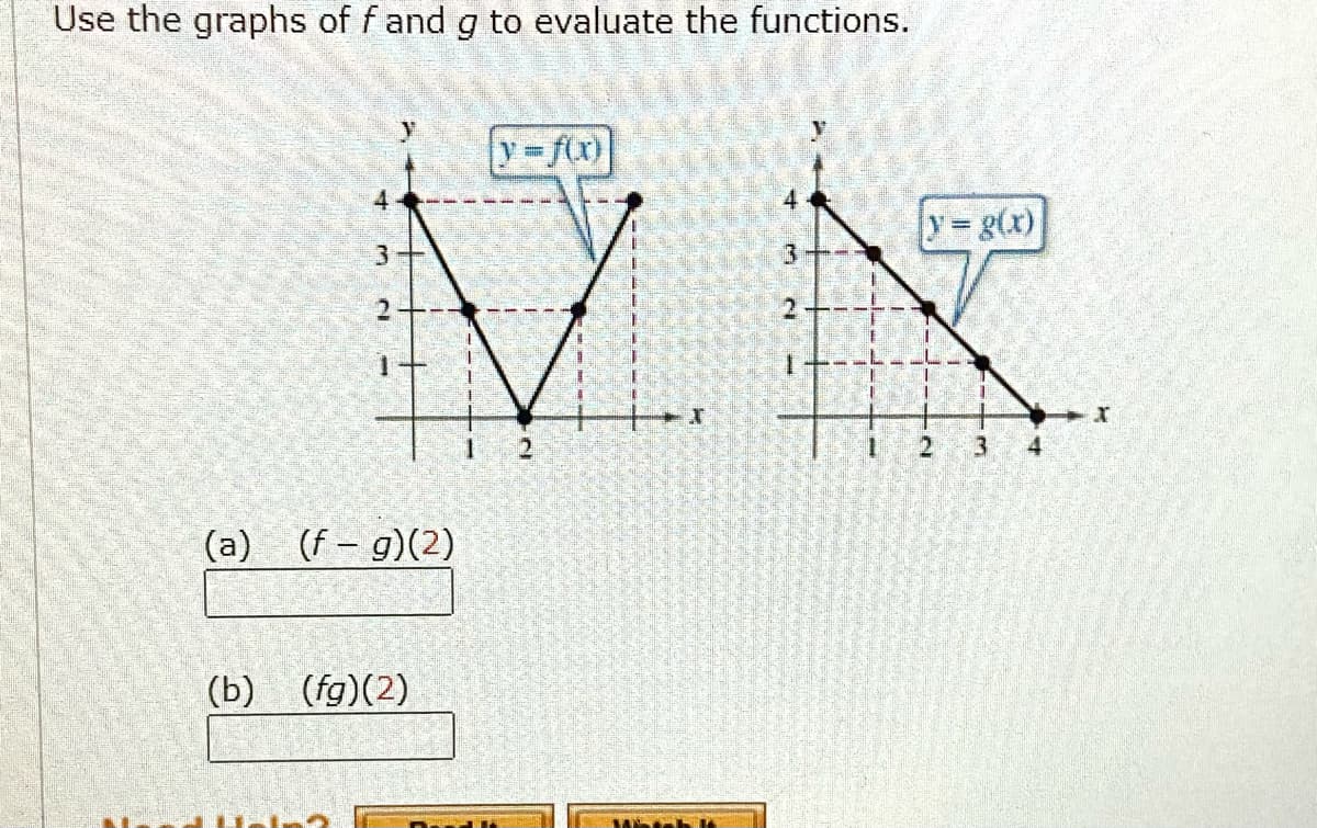 Use the graphs of f and g to evaluate the functions.
y-f(x)
4
y g(x)
3
1.
2
3.
4
(a) (f - g)(2)
(b)
(fg)(2)
