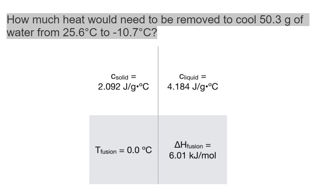 How much heat would need to be removed to cool 50.3 g of
water from 25.6°C to -10.7°C?
Csolid =
Cliquid
2.092 J/g.°C
4.184 J/g.°C
AHfusion
Tfusion = 0.0 °C
%3D
6.01 kJ/mol

