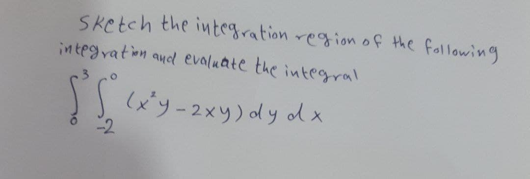 Sketch the integration regionof the following
integration and evaluate the integral
Js (x'y-2xy) dy dx
