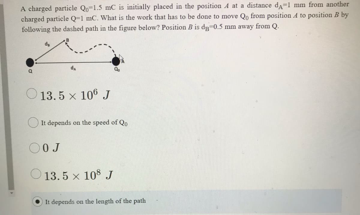 A charged particle Qo-1.5 mC is initially placed in the position A at a distance da=1 mm from another
charged particle Q=1 mC. What is the work that has to be done to move Qo from position A to position B by
following the dashed path in the figure below? Position B is dB-D0.5 mm away from Q.
de
O 13.5 x 106 J
It depends on the speed of Qo
00J
13. 5 x 108 J
It depends on the length of the path
