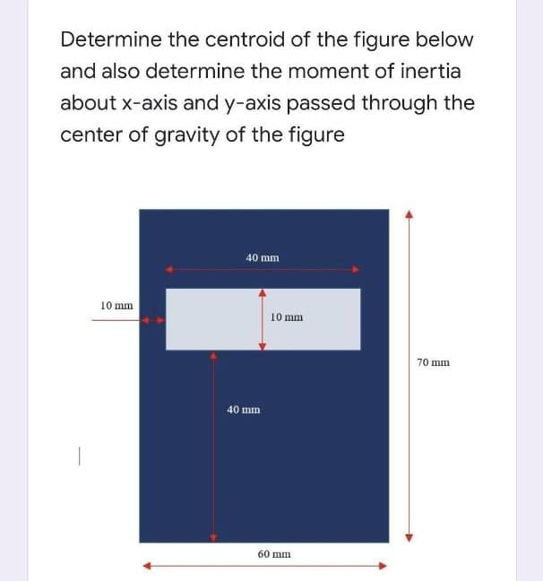 Determine the centroid of the figure below
and also determine the moment of inertia
about x-axis and y-axis passed through the
center of gravity of the figure
40 mm
10 mm
10 mm
70 mm
40 mm
60 mm
