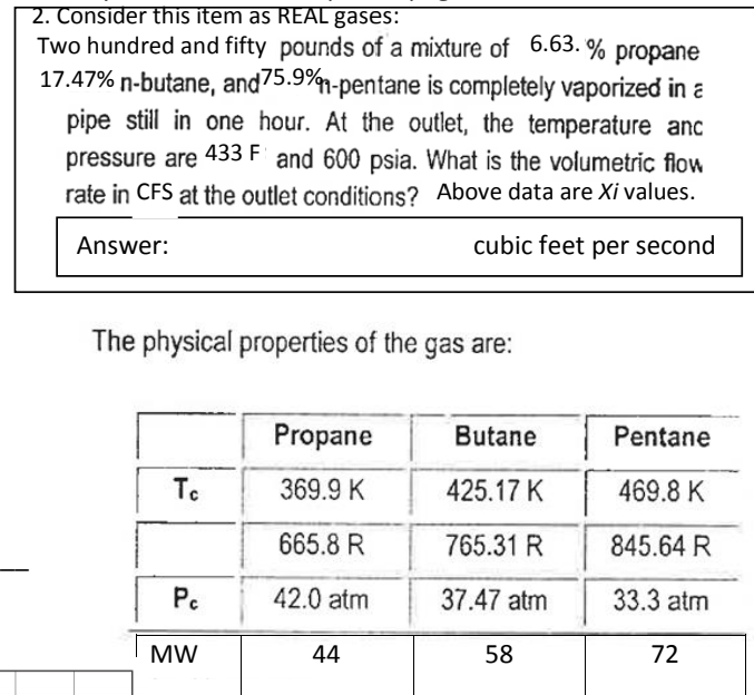 2. Consider this item as REAL gases:
Two hundred and fifty pounds of a mixture of 6.63. % propane
17.47% n-butane, and 75.9%-pentane is completely vaporized in a
pipe still in one hour. At the outlet, the temperature anc
pressure are 433 F and 600 psia. What is the volumetric flow
rate in CFS at the outlet conditions? Above data are Xi values.
Answer:
cubic feet per second
The physical properties of the gas are:
To
Pc
MW
Propane
369.9 K
665.8 R
42.0 atm
44
Butane
425.17 K
765.31 R
37.47 atm
58
Pentane
469.8 K
845.64 R
33.3 atm
72