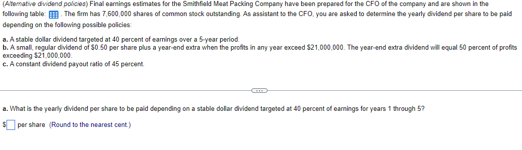 (Alternative dividend policies) Final earnings estimates for the Smithfield Meat Packing Company have been prepared for the CFO of the company and are shown in the
following table: The firm has 7,600,000 shares of common stock outstanding. As assistant to the CFO, you are asked to determine the yearly dividend per share to be paid
depending on the following possible policies:
a. A stable dollar dividend targeted at 40 percent of earnings over a 5-year period.
b. A small, regular dividend of $0.50 per share plus a year-end extra when the profits in any year exceed $21,000,000. The year-end extra dividend will equal 50 percent of profits
exceeding $21,000,000.
c. A constant dividend payout ratio of 45 percent.
C
a. What is the yearly dividend per share to be paid depending on a stable dollar dividend targeted at 40 percent of earnings for years 1 through 5?
per share (Round to the nearest cent.)