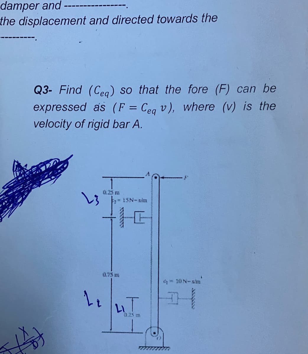 damper and
the displacement and directed towards the
Q3- Find (Cea) so that the fore (F) can be
expressed as (F = Ceg v), where (v) is the
velocity of rigid bar A.
象
後3 路
4* 10N-s
中
い!
0.25 s
