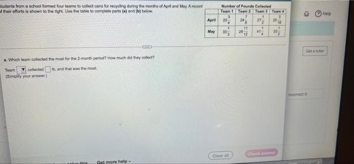 tudents from a school formed four teams to collect cans for recycling during the montha of April and May. Arecord
of their offorts is shown to the right. Use the table to complete partn (a) and (b) below.
Number of Pounds Collected
Team 1
Team 2
Team 3 Team 4
Help
April
20
20
11
May
33
28
41
12
Get a tutor
a. Which team collected the most for the 2-month period? How much did they collect?
Team
collected b, and that was the most.
(Simplify your answer.)
Incomet 0
Clear all
Check a
un thi
Get more help-
