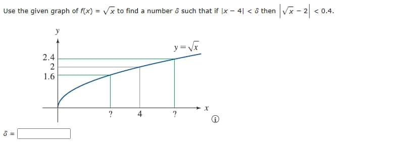 Use the given graph of f(x)=√x to find a number & such that if x − 4| < 8 then |√√x - 2|<
< 0.4.
8 =
y
426
2.4
1.6
?
4
y = √x
?