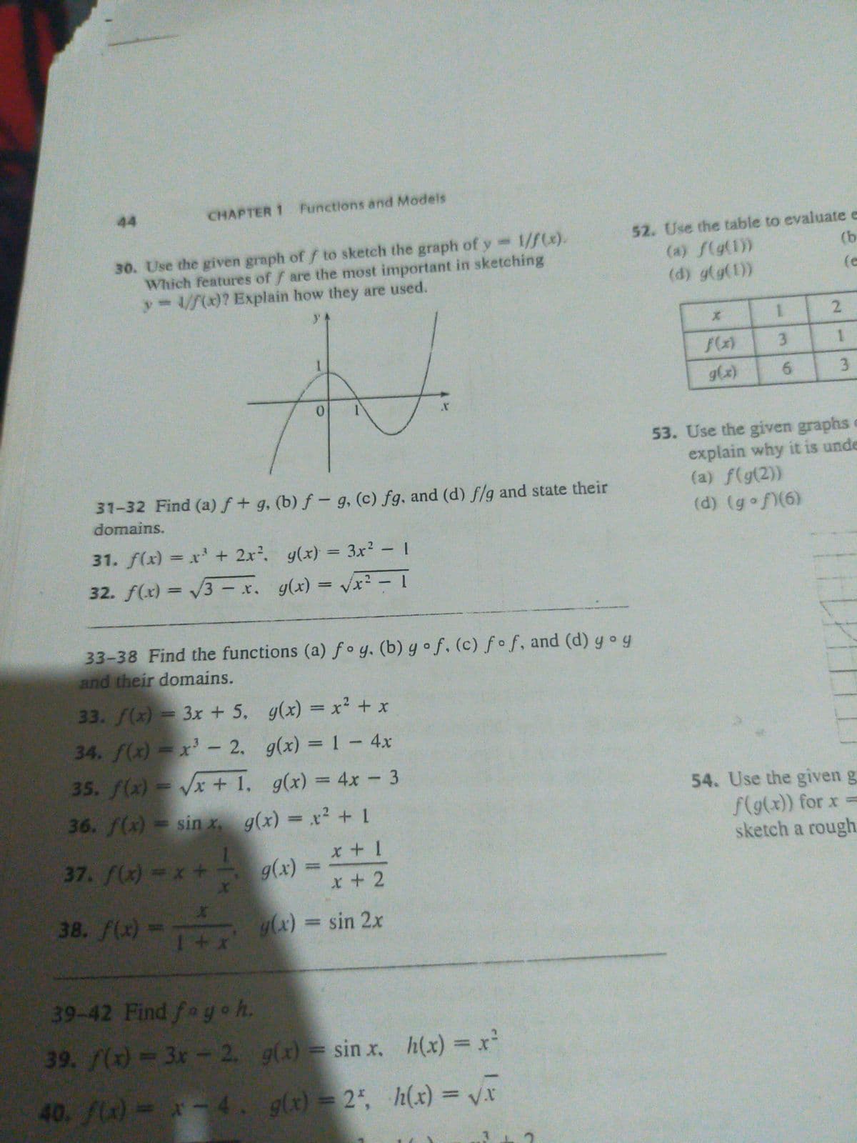 44
CHAPTER 1 Functions and Models
30. Use the given graph of f to sketch the graph of y 1/fx).
Which features of f are the most important in sketching
33D1/f(x)? Explain how they are used.
52. Use the table to evaluate e
(a) f(g(1))
(d) g(g(1))
(b
(e
3.
1.
1.
0.
53. Use the given graphs
explain why it is unde
(a) f(g(2))
(d) (gof)(6)
31-32 Find (a) f+ g, (b) f- g, (c) fg, and (d) f/g and state their
domains.
31. f(x) = x' + 2x, y(x) = 3x - 1
32. f(x) = 3 - x. g(x) = Vx² - 1
33-38 Find the functions (a) fo y. (b) y o f. (c) fof, and (d) y o g
and their domains.
33. f(x) = 3x + 5, g(x) = x2 + x
34. f(x)-x'- 2. g(x) = 1- 4.x
35. f(x) Vx + 1. g(x) = 4x 3
%3D
54. Use the given g
f(g(x)) for x =
sketch a rough
36. f(x) -sinx, g(x) = x² + 1
37. f(x)-x+
1
g(x)%3D
x+ 2
38. f(x) -
-T+x
g(x)%3Dsin 2x
39-42 Find foy h.
39. (x) 3x-2. g(x)
) sin x. h(x) = x²
%3D
40. f(x) x-4. g(x)= 2", h(x) = vx
2.
3.
