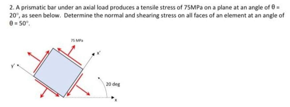 2. A prismatic bar under an axial load produces a tensile stress of 75MPA on a plane at an angle of 0 =
20°, as seen below. Determine the normal and shearing stress on all faces of an element at an angle of
e = 50°.
75 MPa
20 deg
