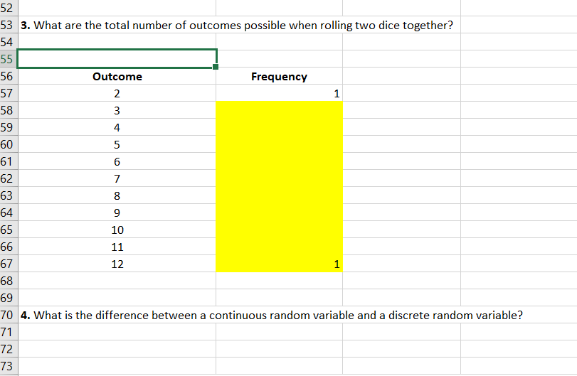 3. What are the total number of outcomes possible when rolling two dice together?
Outcome
Frequency
2
3
4
7
8
10
11
12
4. What is the difference between a continuous random variable and a discrete random variable?
