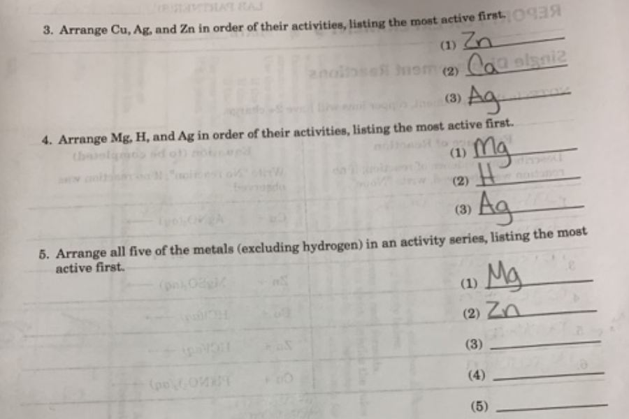 THAT RAJ
3. Arrange Cu, Ag, and Zn in order of their activities, listing the most active first.O
(1) Zn
noibse mom (2)
(3) Ag
4. Arrange Mg, H, and Ag in order of their activities, listing the most active first.
(hlgms sd
mg
(1)
(2)
(3)
5. Arrange all five of the metals (excluding hydrogen) in an activity series, listing the most
active first.
Mg
(1)
(2) Zn
(3)
(po0MET
(4)
(5)
