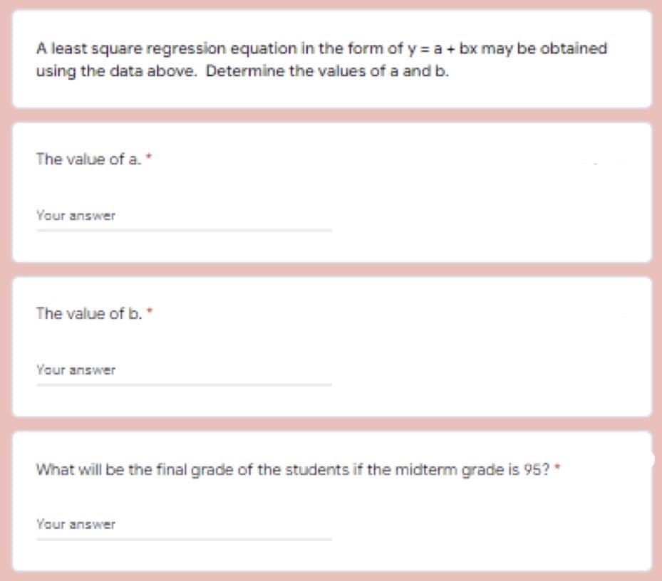 A least square regression equation in the form of y = a + bx may be obtained
using the data above. Determine the values of a and b.
The value of a. *
Your answer
The value of b. *
Your answer
What will be the final grade of the students if the midterm grade is 95? *
Your answer