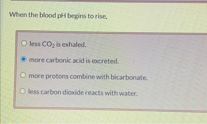 When the blood pH begins to rise,
O less CO₂ is exhaled.
O more carbonic acid is excreted.
O more protons combine with bicarbonate.
O less carbon dioxide reacts with water.