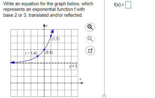 Write an equation for the graph below, which
represents an exponential function f with
base 2 or 3, translated and/or reflected.
|(−1,4)
(1,7)
(0,5)
y=3
X
A
✓ ✓
C
f(x) =