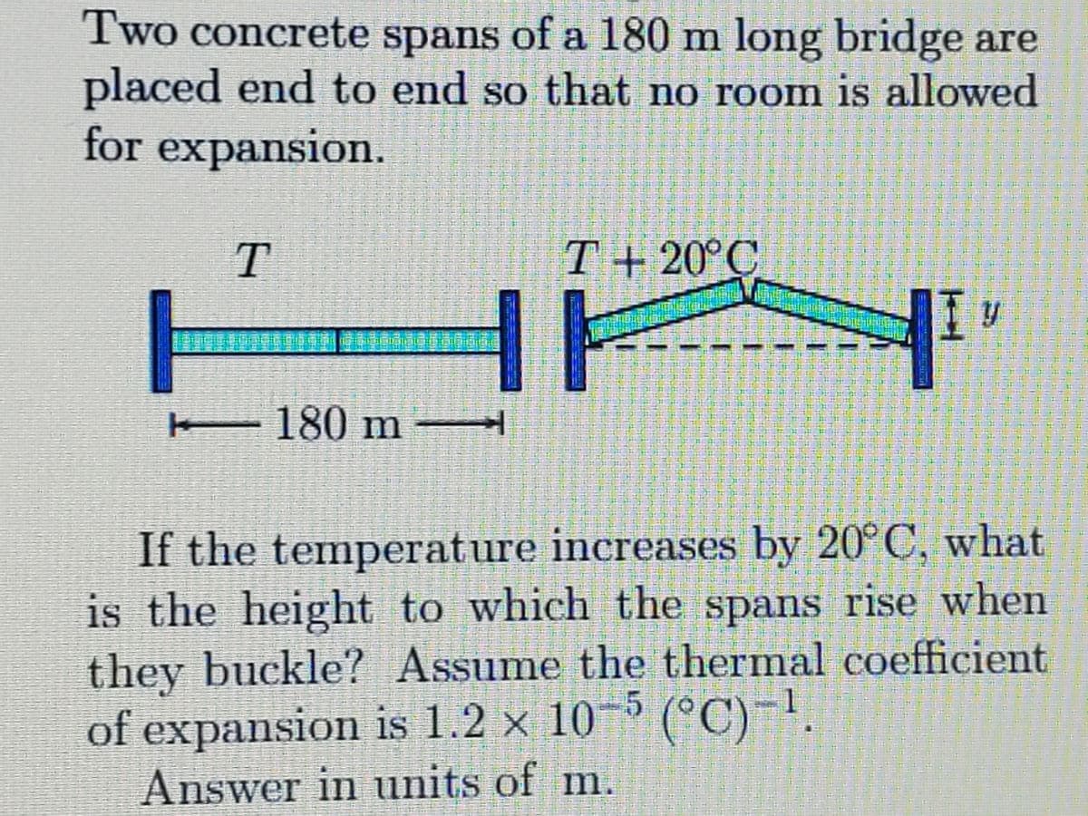 Two concrete spans of a 180 m long bridge are
placed end to end so that no room is allowed
for expansion.
T + 20°C
E180 m
If the temperature increases by 20°C, what
is the height to which the spans rise when
they buckle? Assume the thermal coefficient
of expansion is 1.2 x 10-5 (°C)-1.
Answer in units of m.
