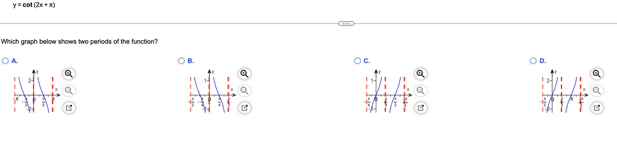 y = cot (2x + T)
Which graph below shows two periods of the function?
O A.
В.
D.
1-
| 2-
|
- +5N-
