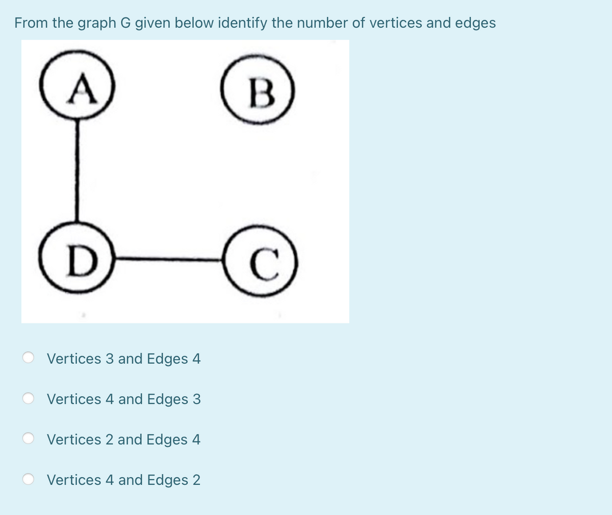 From the graph G given below identify the number of vertices and edges
A
D
C
Vertices 3 and Edges 4
Vertices 4 and Edges 3
Vertices 2 and Edges 4
Vertices 4 and Edges 2
