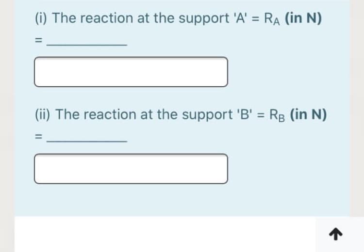(i) The reaction at the support 'A' = RA (in N)
%3D
(ii) The reaction at the support 'B' = RB (in N)
